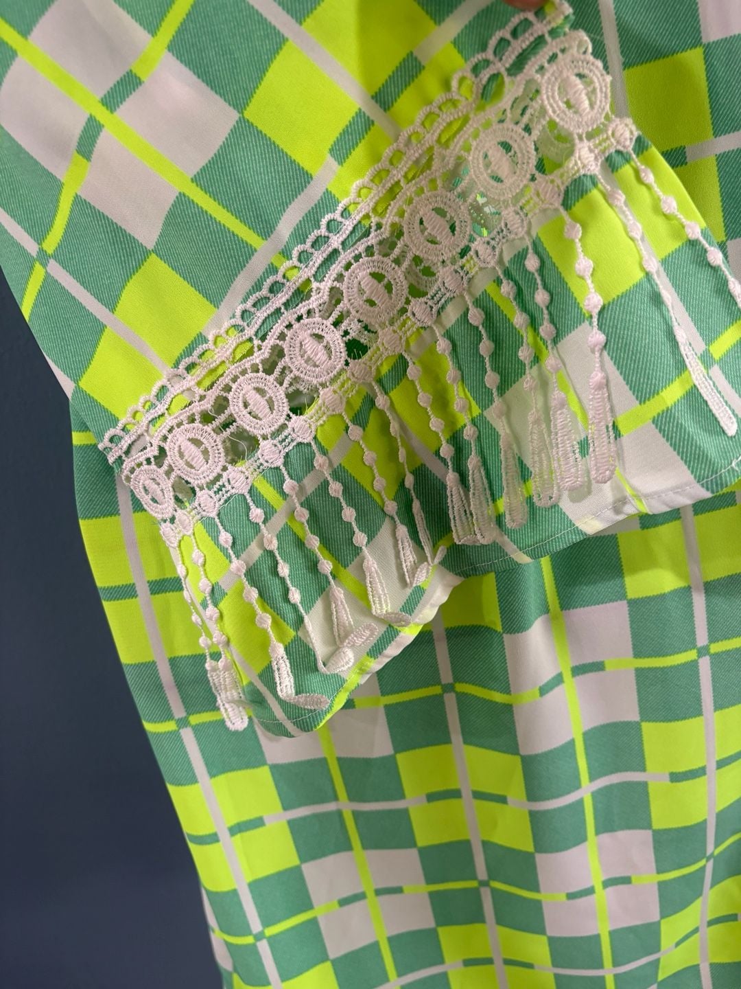 SI Style Dress Size L Green Yellow Plaid Check Lace Fringe Tassel 8