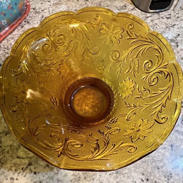 Tiara Indiana Glass Amber Sandwich Footed Serving Bowl Amber Glass