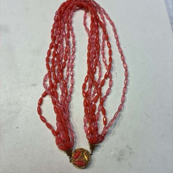 Vintage Multi Strand Pink And Coral Beaded Statement Necklace