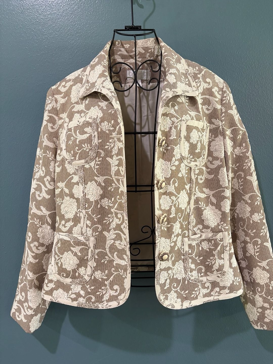 Conrad C Collection Blazer Size 10 Beige White Floral Tapestry Jacket 2