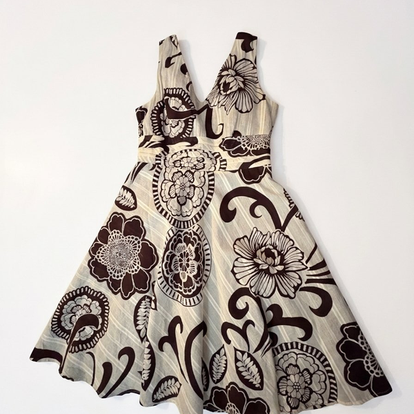 Vintage Y2K Robbie Bee Floral Fit and Flare Dress Size 10 Brown Cream Cotton