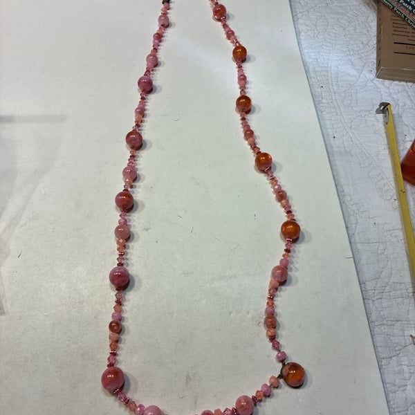 Vintage Pink Marbleized Glass Bead Long Statement Necklace