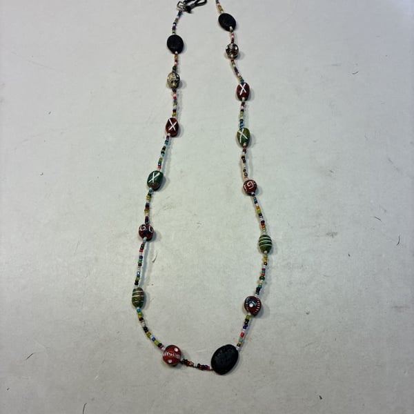 Unbranded Bohemian Multicolor Glass Seed And Lava Stone Bead Necklace