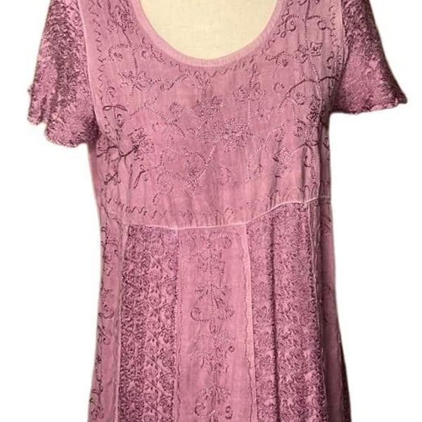 India Boutique Dress Mauve Embroidered Cotton Short Sleeve