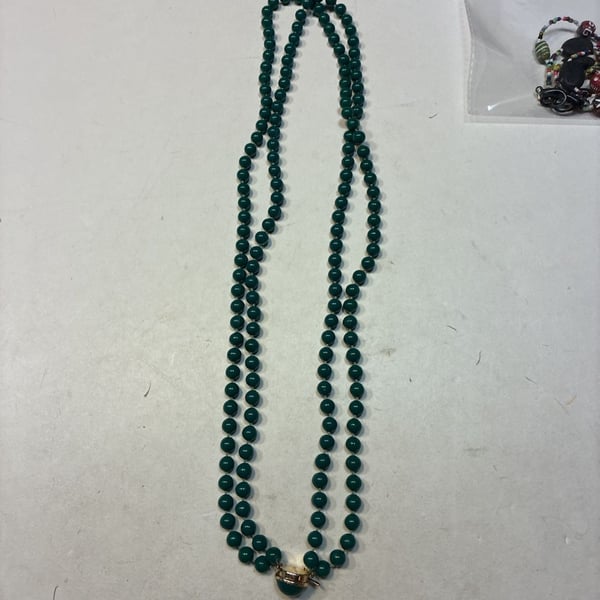 Vintage Two Strand Dark Green Beaded Necklace Hong Kong