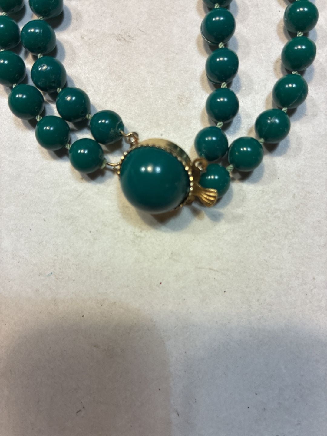 Vintage Two Strand Dark Green Beaded Necklace Hong Kong 3