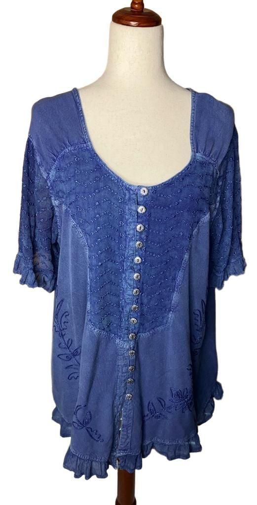Roaman's Button Front Tunic Size 26W Blue Embroidered Boho Blouse 2
