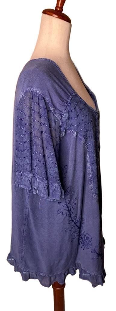 Roaman's Button Front Tunic Size 26W Blue Embroidered Boho Blouse 3