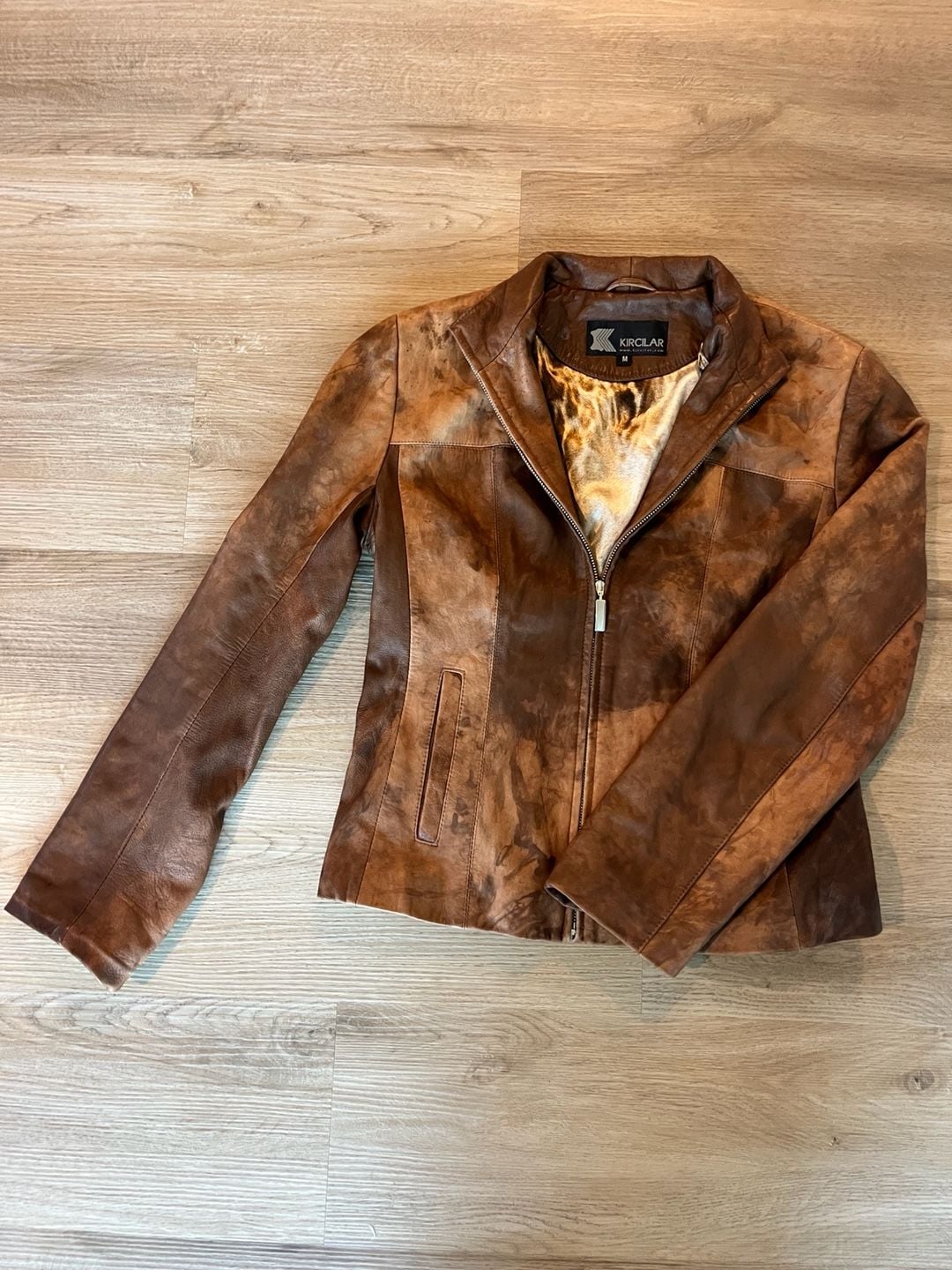 100% Genuine Distressed Leather Jacket, Boho, Edgy Satin Animal Print Lining, M 2