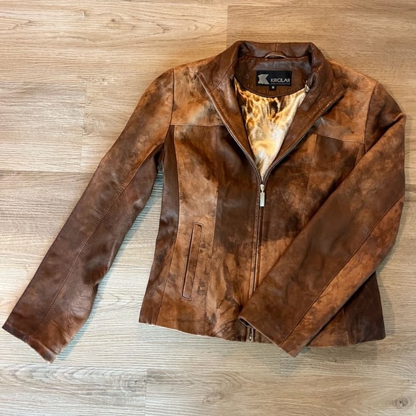 100% Genuine Distressed Leather Jacket, Boho, Edgy Satin Animal Print Lining, M