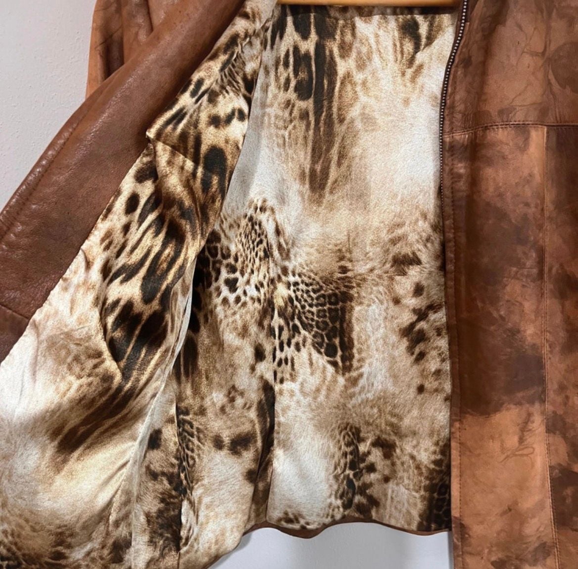 100% Genuine Distressed Leather Jacket, Boho, Edgy Satin Animal Print Lining, M 3