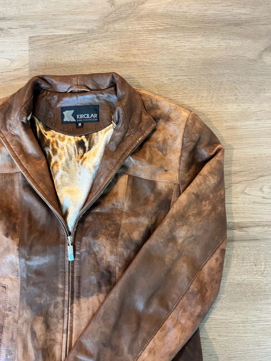 100% Genuine Distressed Leather Jacket, Boho, Edgy Satin Animal Print Lining, M 6