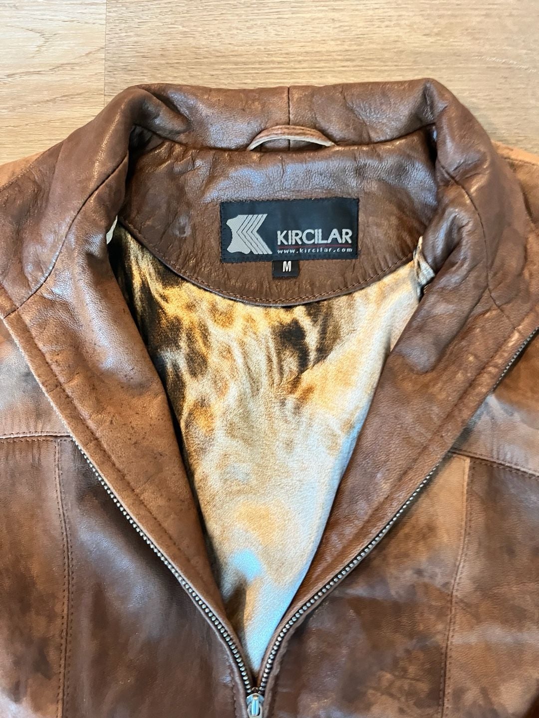 100% Genuine Distressed Leather Jacket, Boho, Edgy Satin Animal Print Lining, M 7