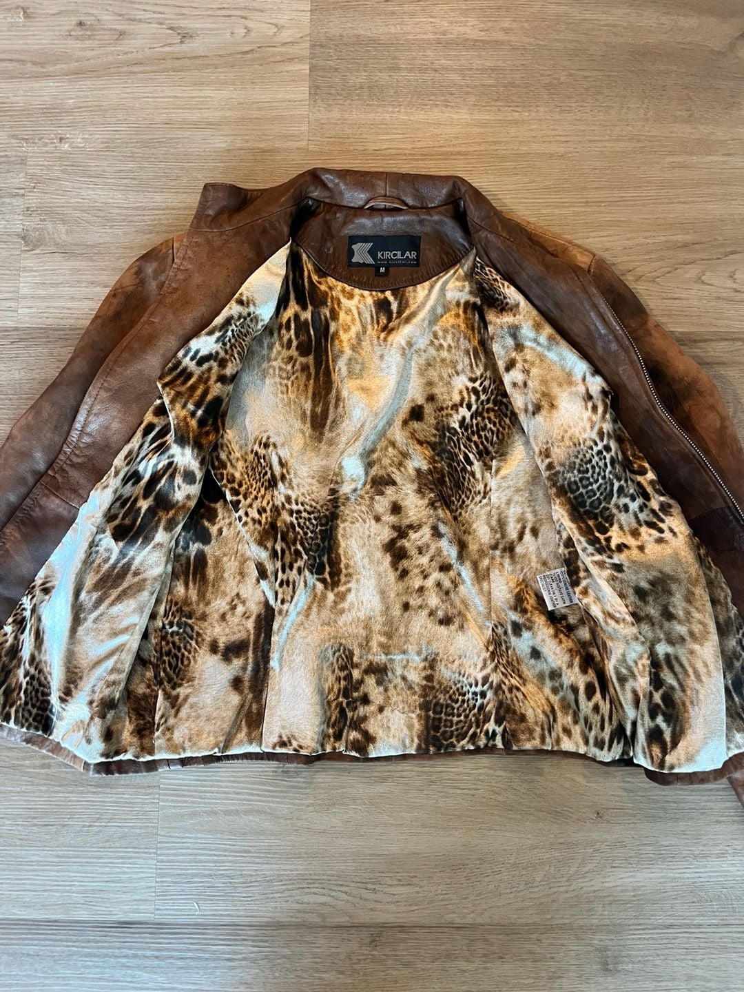 100% Genuine Distressed Leather Jacket, Boho, Edgy Satin Animal Print Lining, M 8