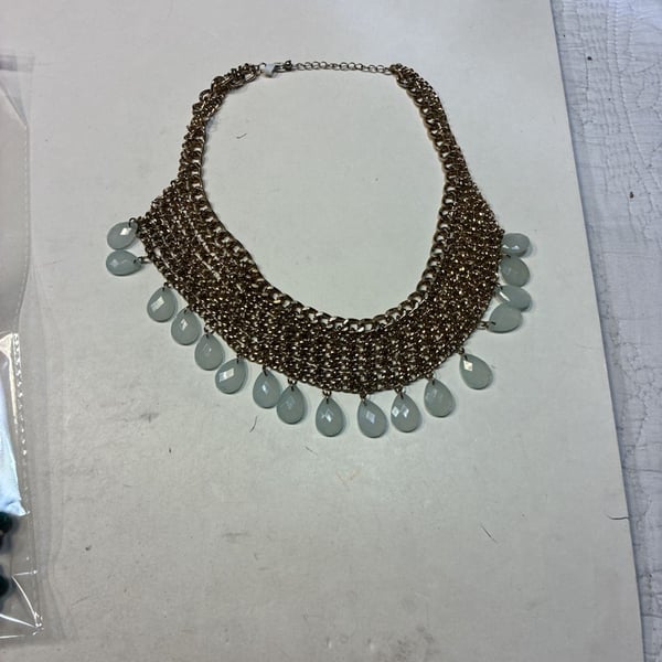 Statement Necklace Gold Tone Multi Strand Chain Glass Tear Drop Bib