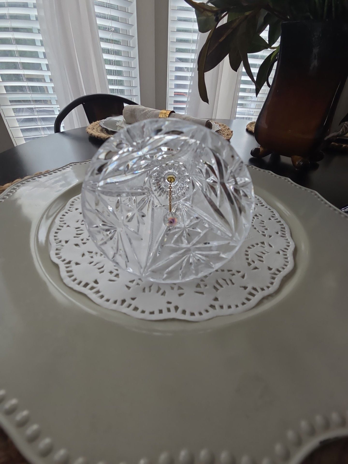 VTG ITALY CRYSTAL CLEAR CUT GLASS STAR FAN BEADED BELL 6 1/2" 4