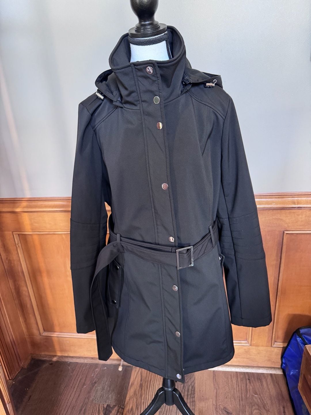 Roz & Ali Women’s Black Belted Coat XL Detachable Hood Zip Snap Jacket 2