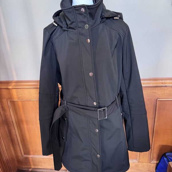 Roz & Ali Women’s Black Belted Coat XL Detachable Hood Zip Snap Jacket