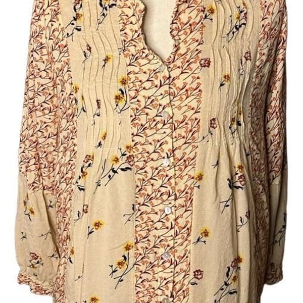 Jane and Delancey Floral Button-Up Tunic Size S Cream Rayon