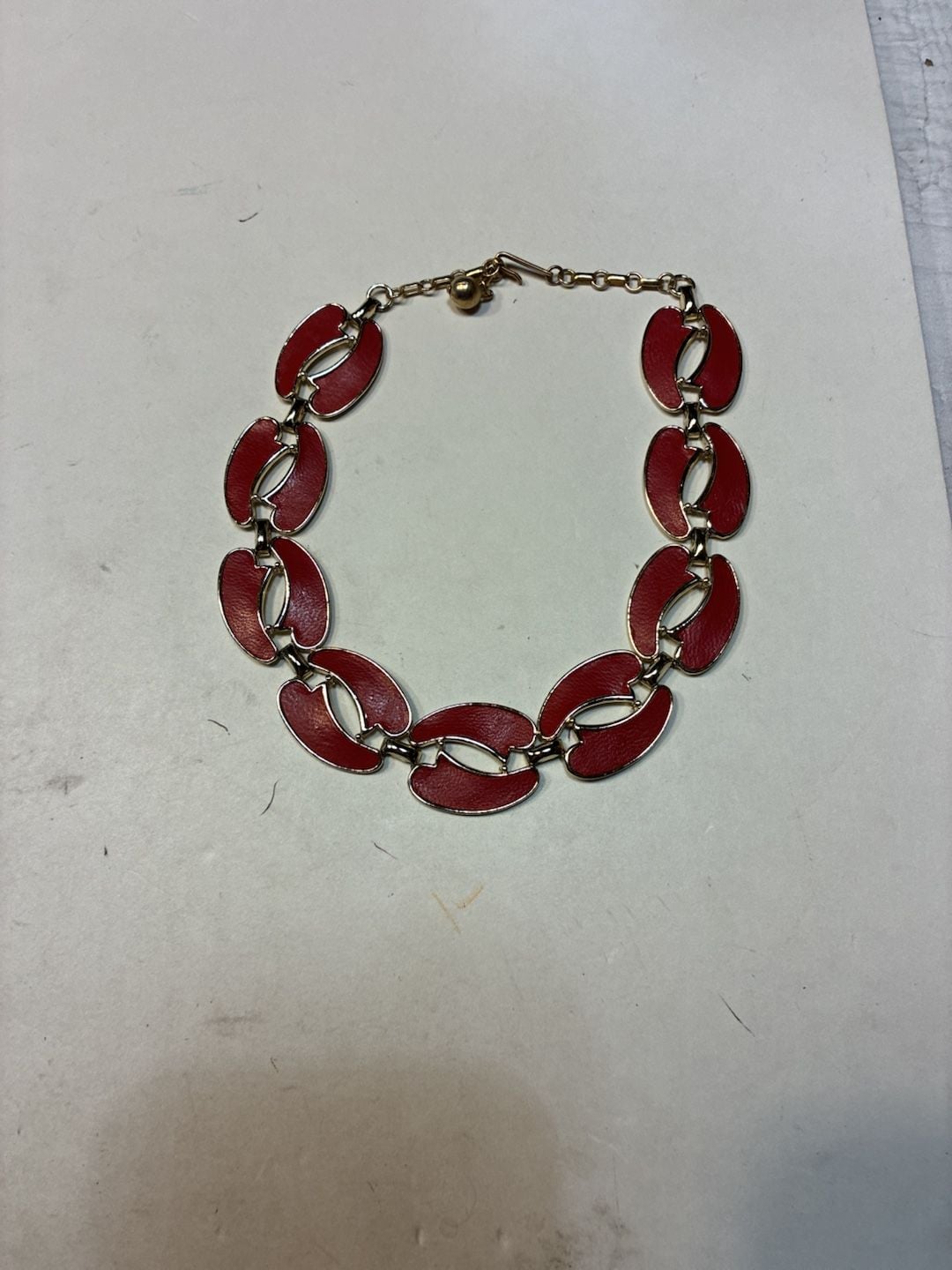 Vintage Gold Tone Red Enamel Link Statement Necklace Choker Jewelry 2