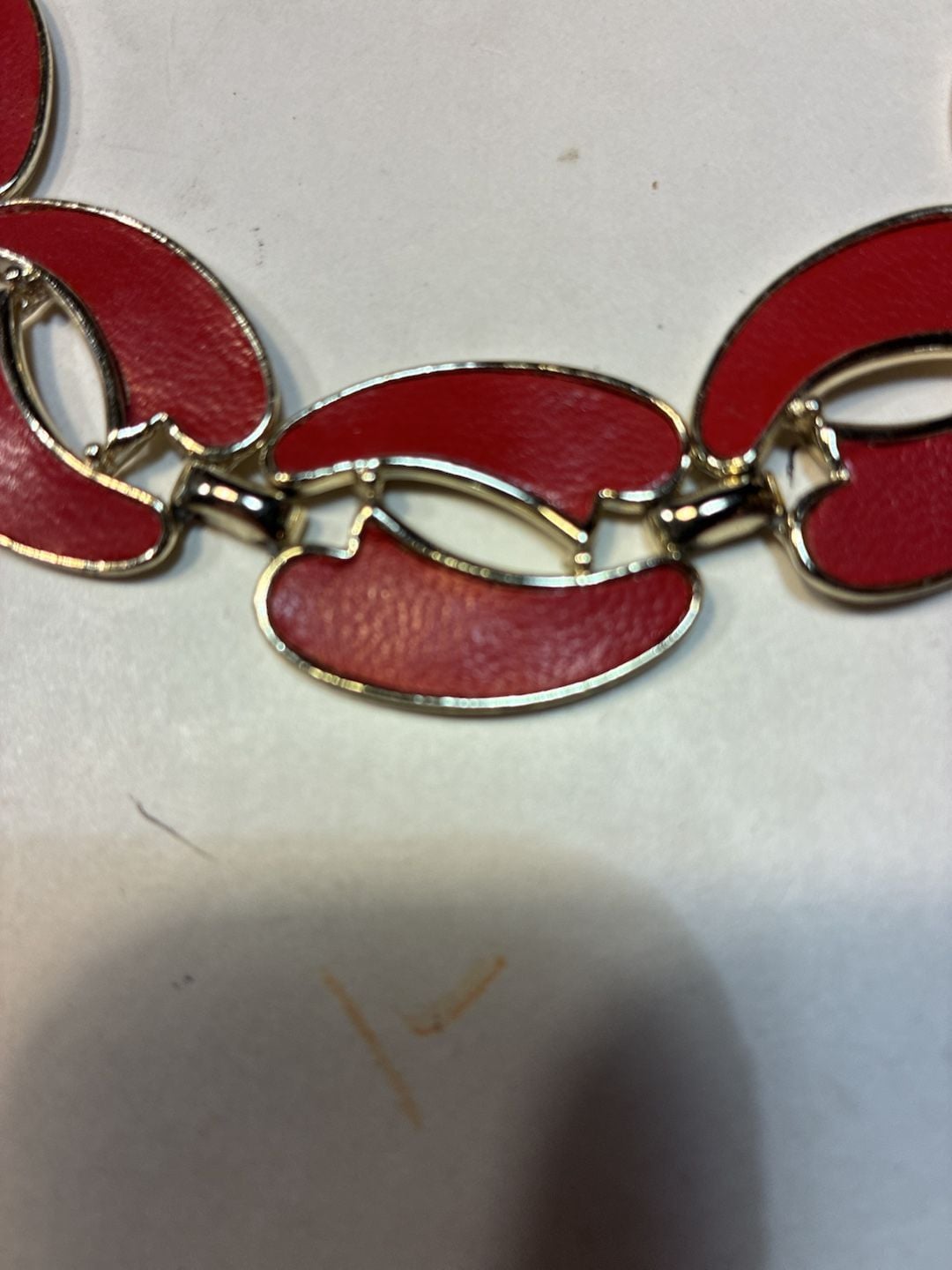 Vintage Gold Tone Red Enamel Link Statement Necklace Choker Jewelry 3