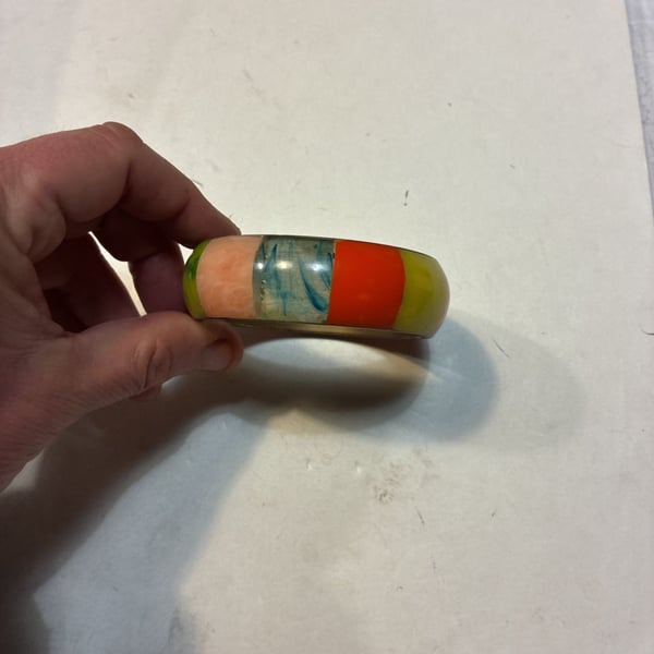 Vintage Multi Colored Bone Brass Bangle Bracelet Multi Color