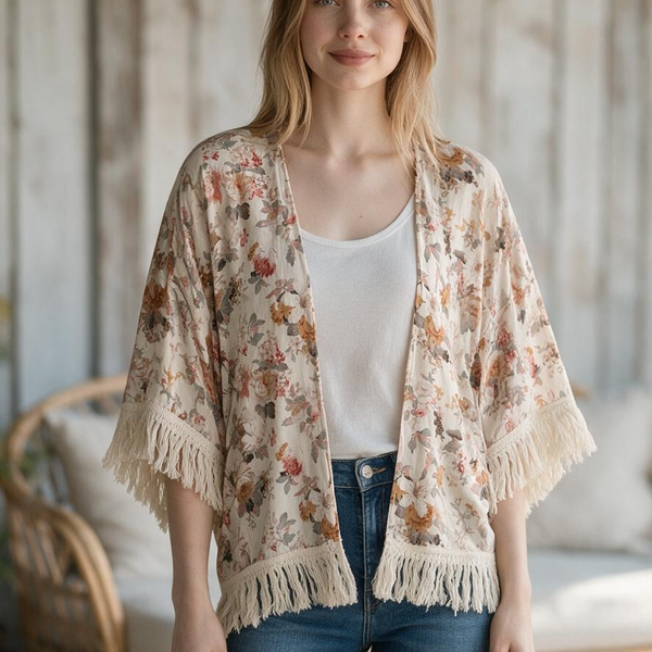 Umgee Floral Kimono Size S/M Beige Cardigan Fringe Boho