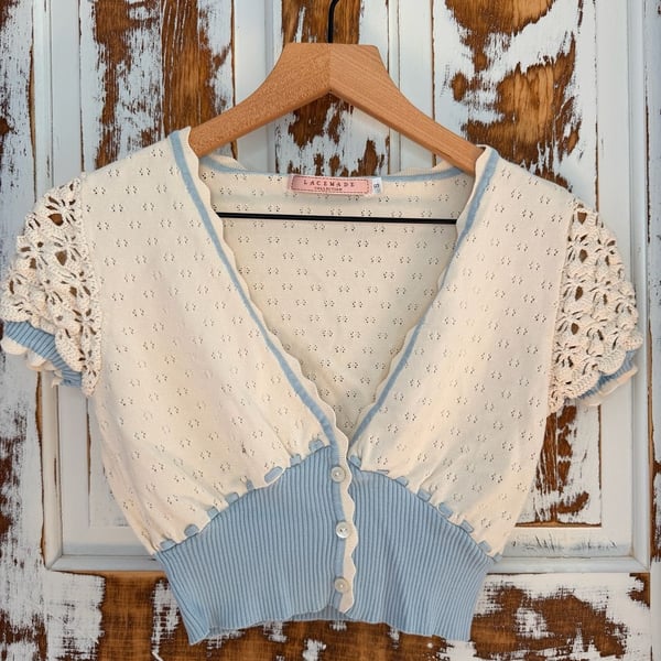 Lacemade Short Sleeve Cardigan Size S White Blue Crochet Knit Coquette Y2K 