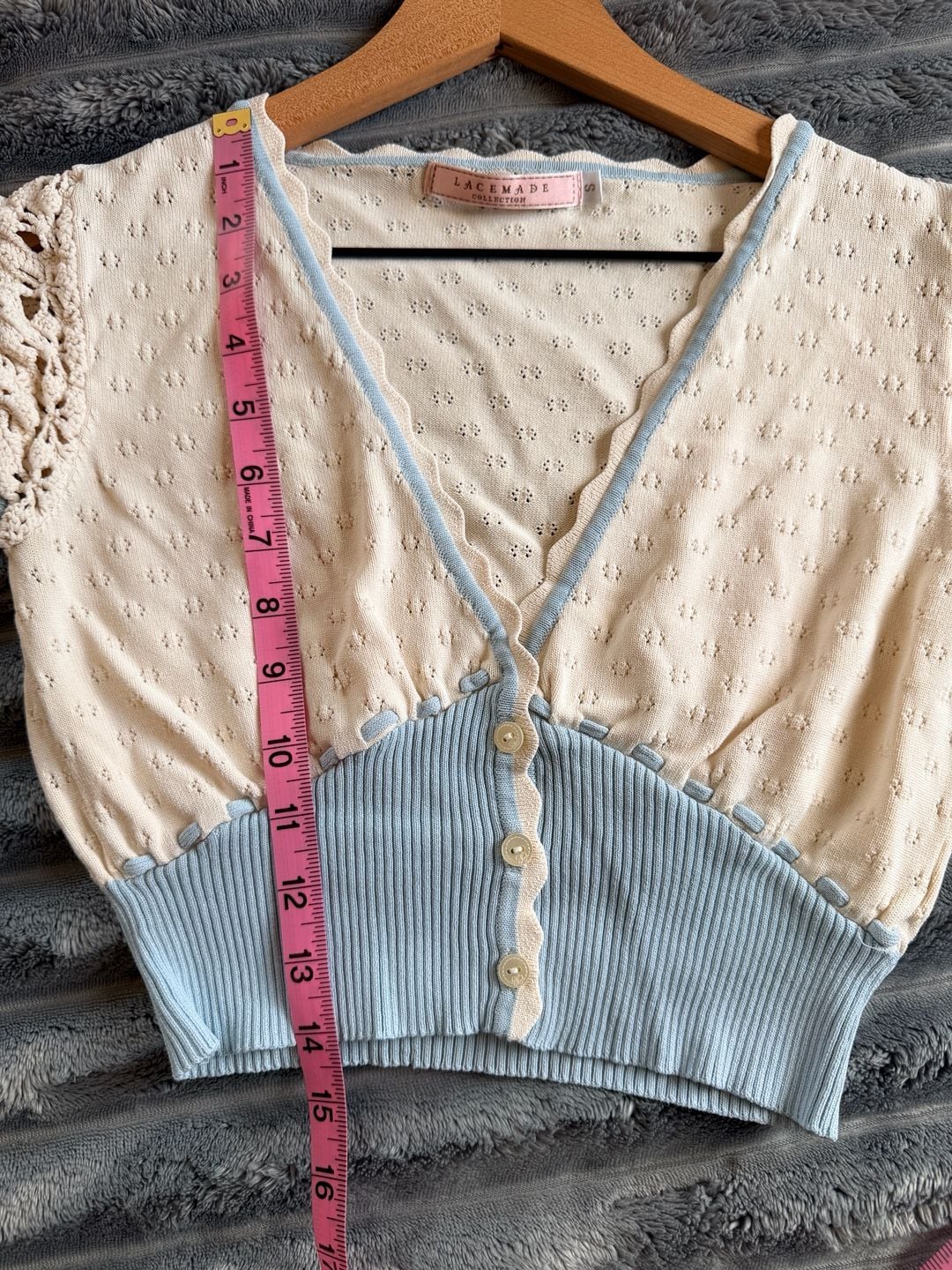 Lacemade Short Sleeve Cardigan Size S White Blue Crochet Knit Coquette Y2K  7