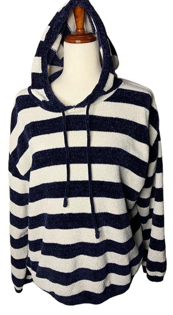 Style Me Hooded Sweater Size L Blue White Striped Chenille Pullover 2