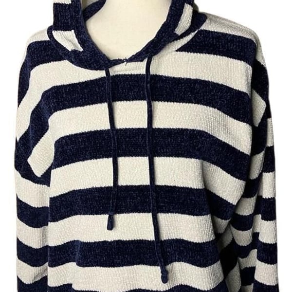 Style Me Hooded Sweater Size L Blue White Striped Chenille Pullover