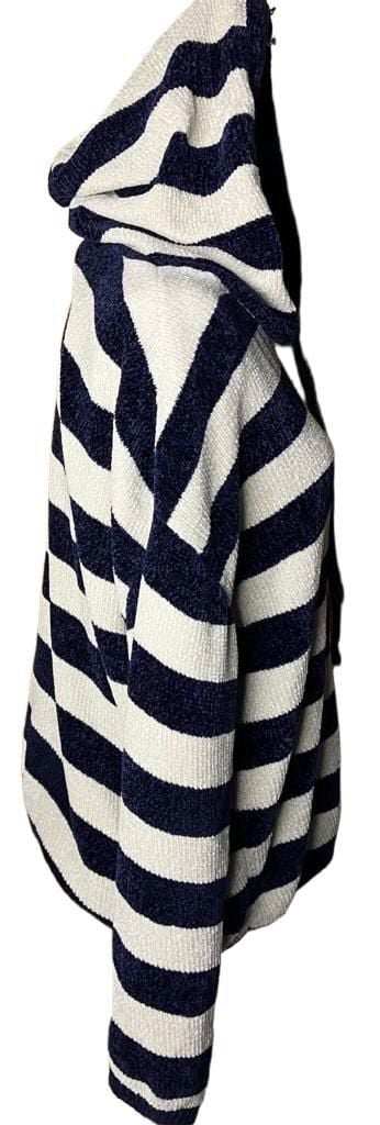 Style Me Hooded Sweater Size L Blue White Striped Chenille Pullover 3