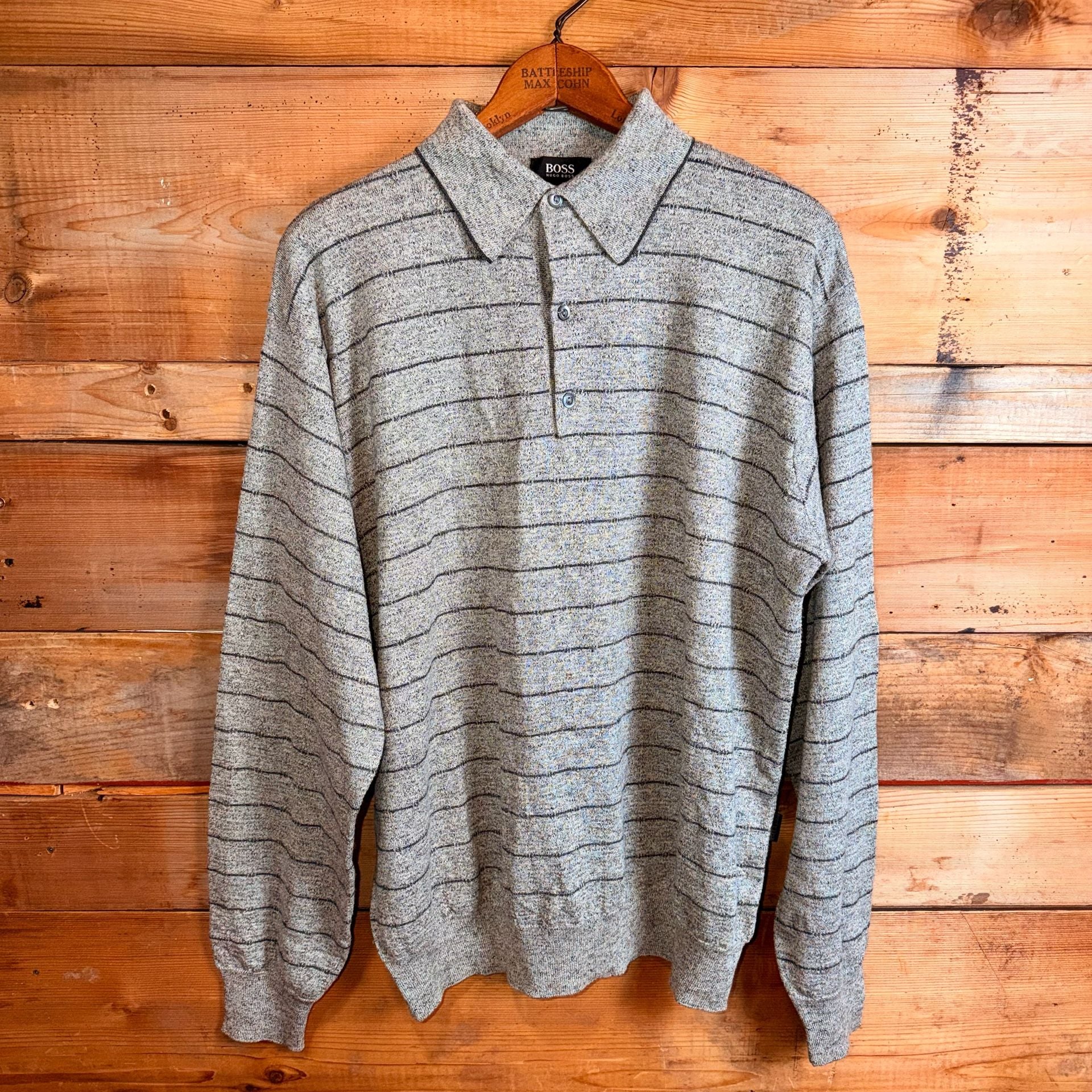 Hugo Boss Striped Knit Polo Sweater Size 50 Gray Long Sleeve Made in Italy 2