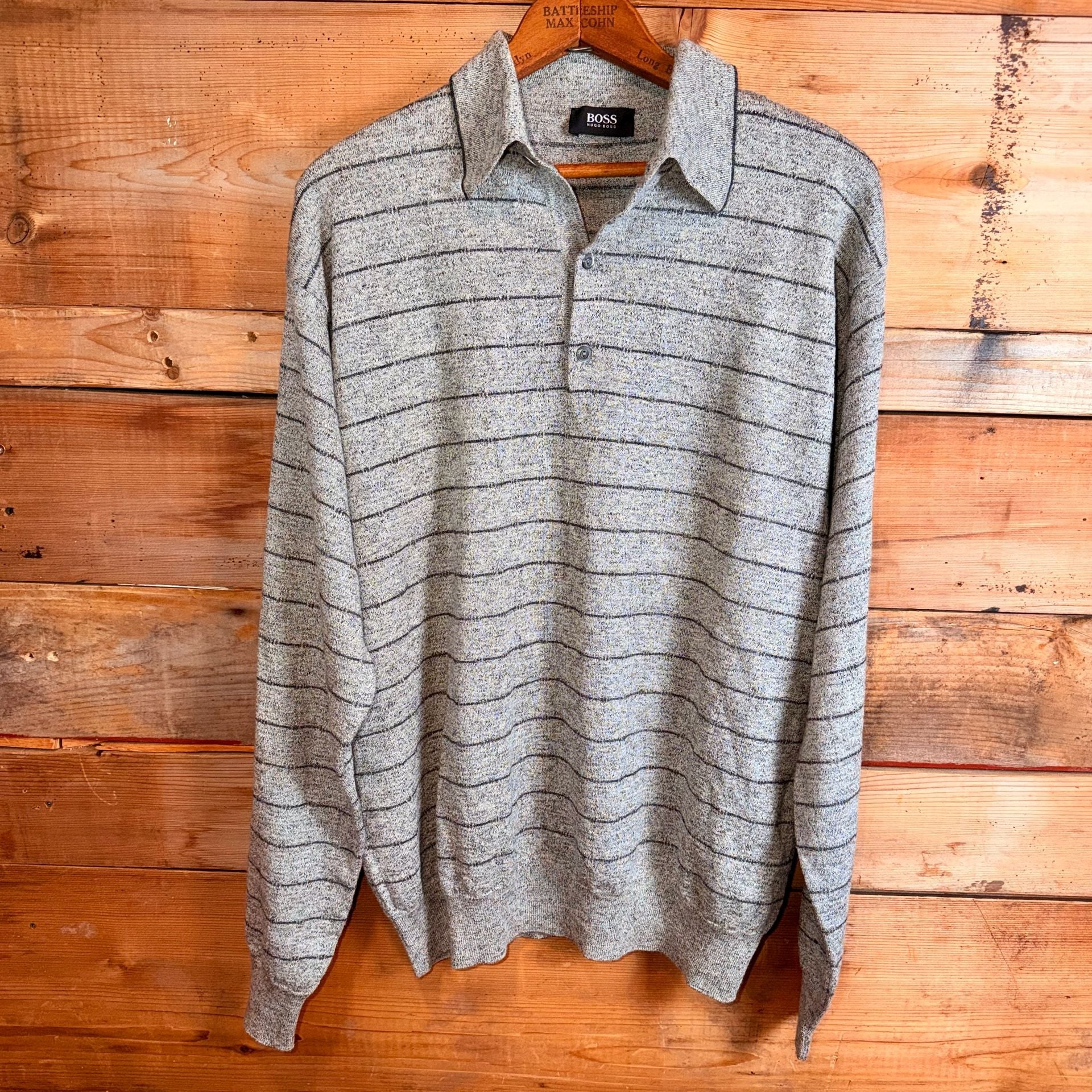 Hugo Boss Striped Knit Polo Sweater Size 50 Gray Long Sleeve Made in Italy 4