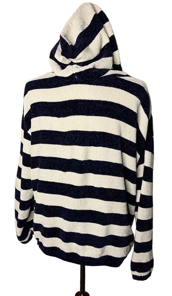 Style Me Hooded Sweater Size L Blue White Striped Chenille Pullover 4