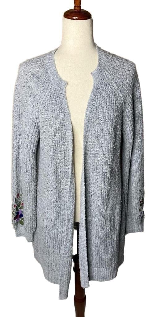 By Design Cardigan Size M Gray Embroidered Sleeve Open Front 2
