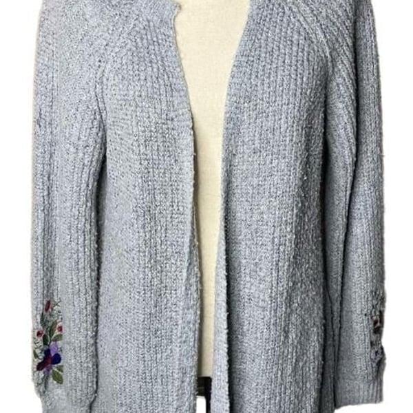 By Design Cardigan Size M Gray Embroidered Sleeve Open Front