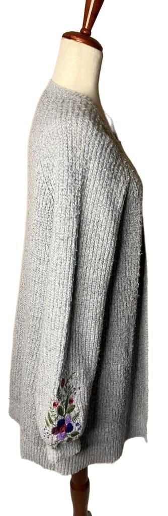 By Design Cardigan Size M Gray Embroidered Sleeve Open Front 3