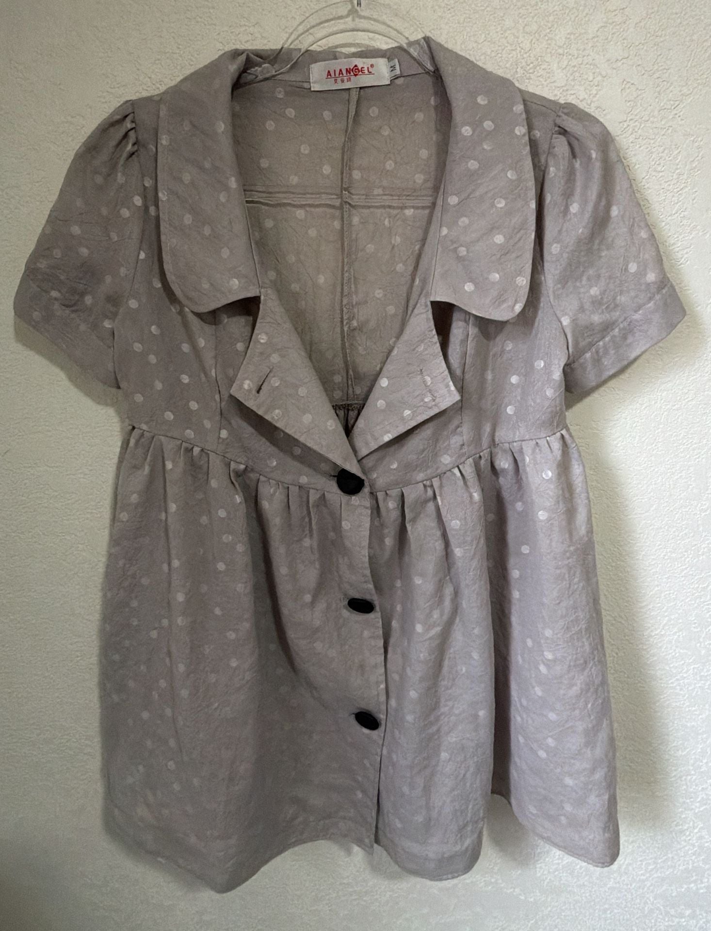 Aiangel Blouse Size M Gray Polka Dot Cotton Silk Short Sleeve 2