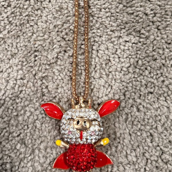 Betsey Johnson Flying Pig Rhinestone Pendant Necklace Goldtone
