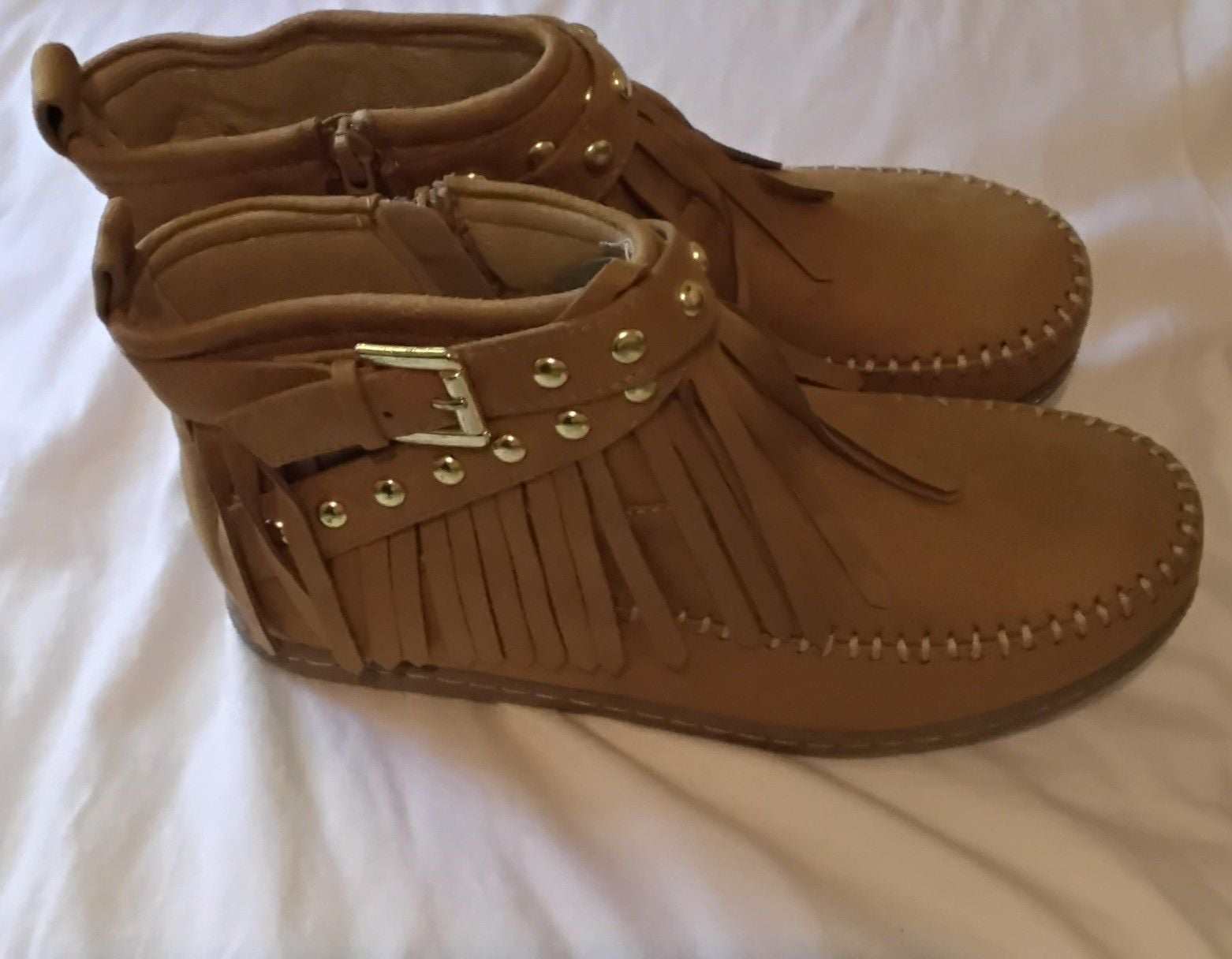 Soda Dahlia Fringe Wedge Ankle Booties Tan Faux Suede 2