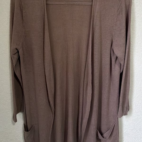 Tahari Open Front Cardigan Size M Brown Linen Blend Pockets