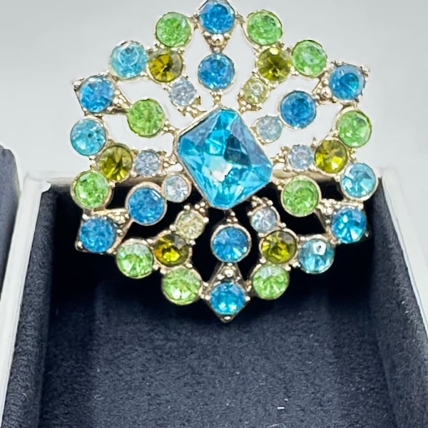Liz Claiborne Gold Tone Blue Green Rhinestone Brooch