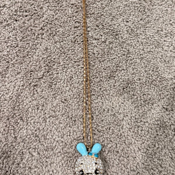 Betsey Johnson Blue Bunny Crystal Pendant Necklace Gold Tone