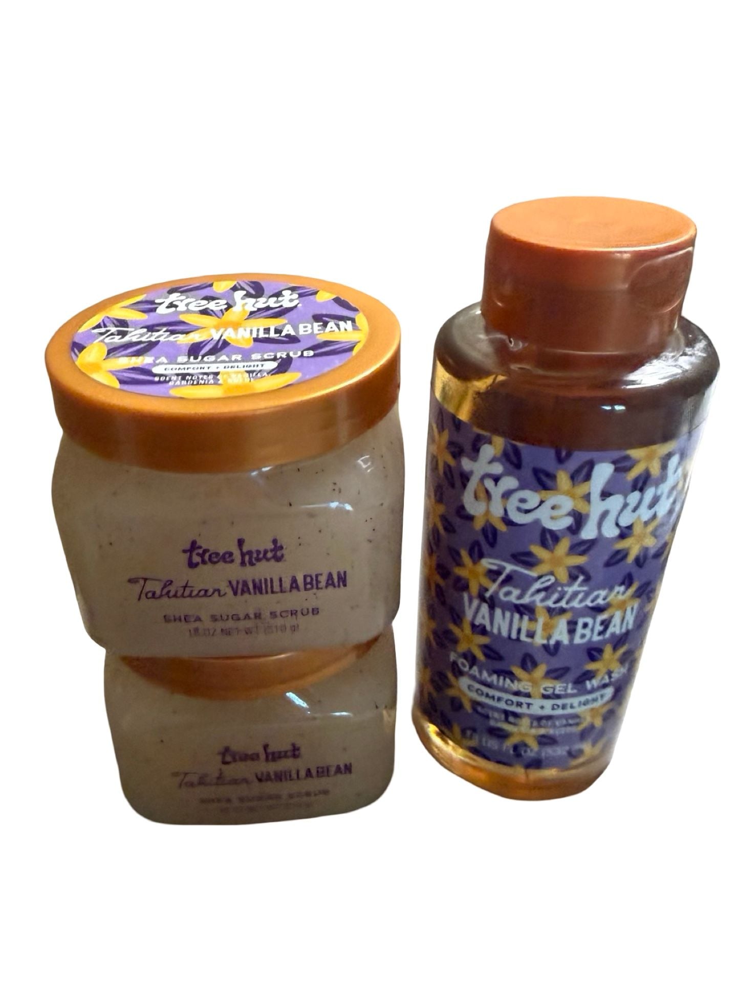 Tree Hut Tahitian Vanilla Bean Foaming Gel Wash & 2 Body Scrubs 18oz - Set of 3 1