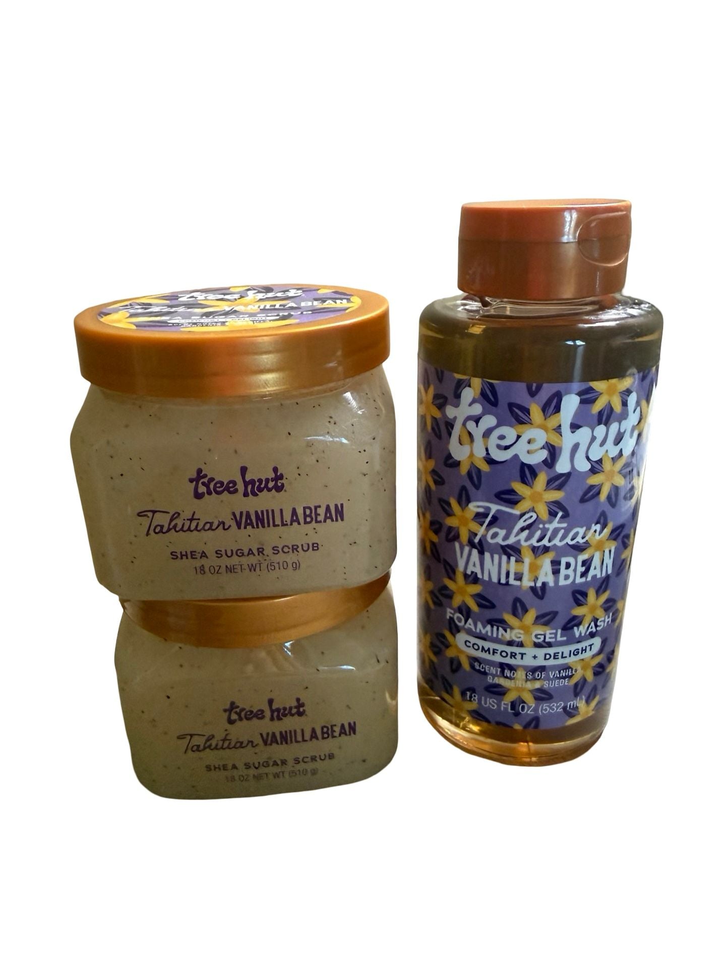 Tree Hut Tahitian Vanilla Bean Foaming Gel Wash & 2 Body Scrubs 18oz - Set of 3 2