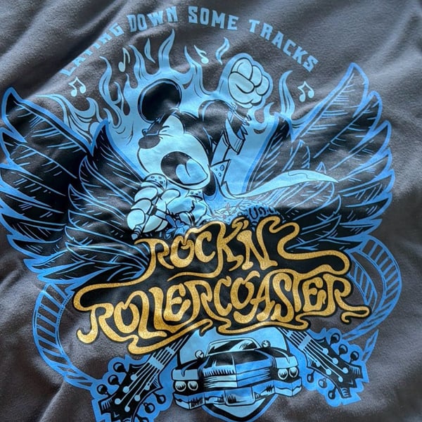 Vintage Disney Rock 'n' Roller Coaster Mickey T-Shirt Black Grey/Blue/Gold