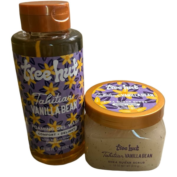 Tree Hut Tahitian Vanilla Bean 2 Body Scrubs & Foaming Gel Wash 18 Oz Bundle