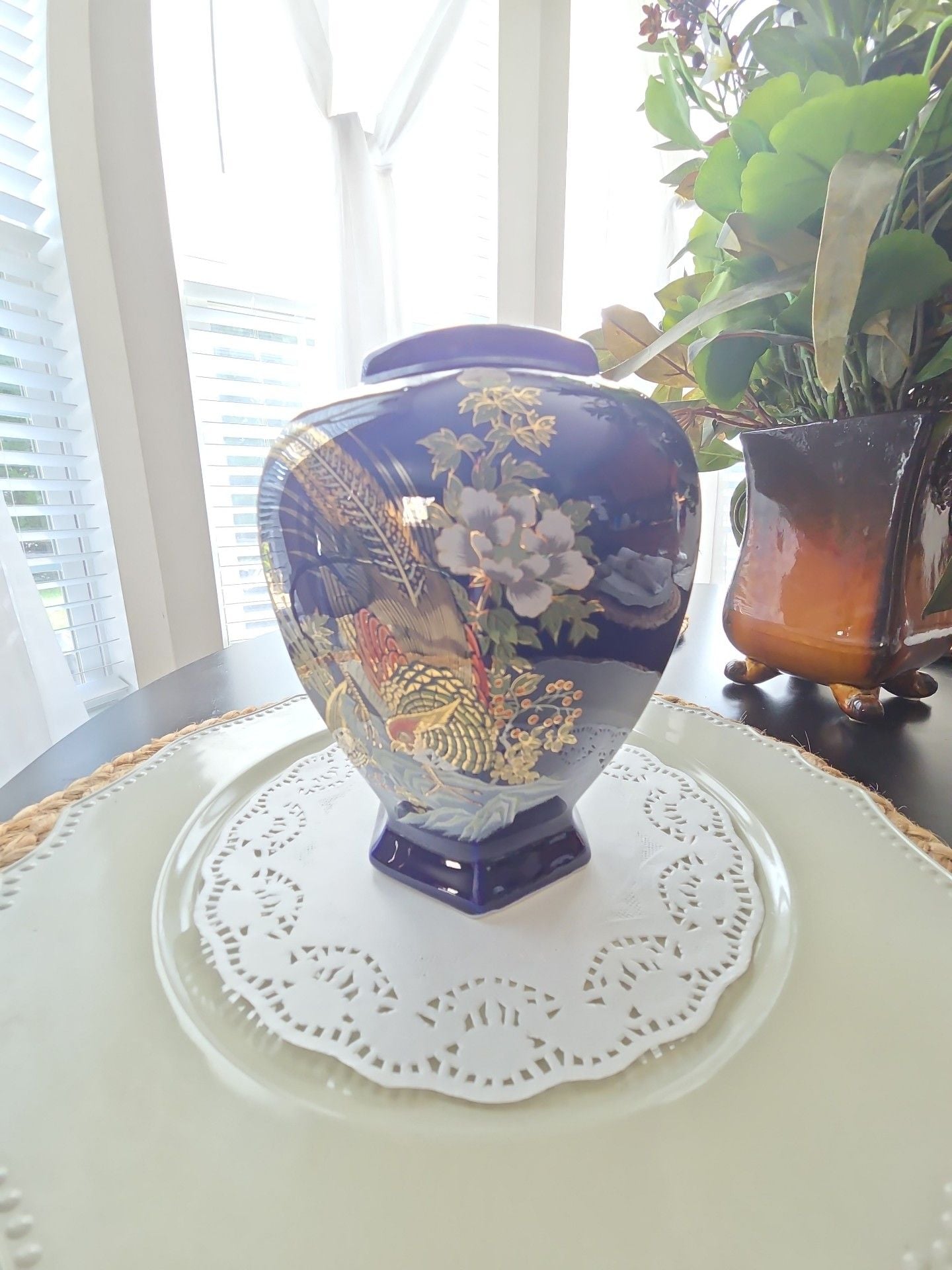 Vintage Cobalt Blue Gold Pheasant Floral Hexagon Porcelain Vase 1