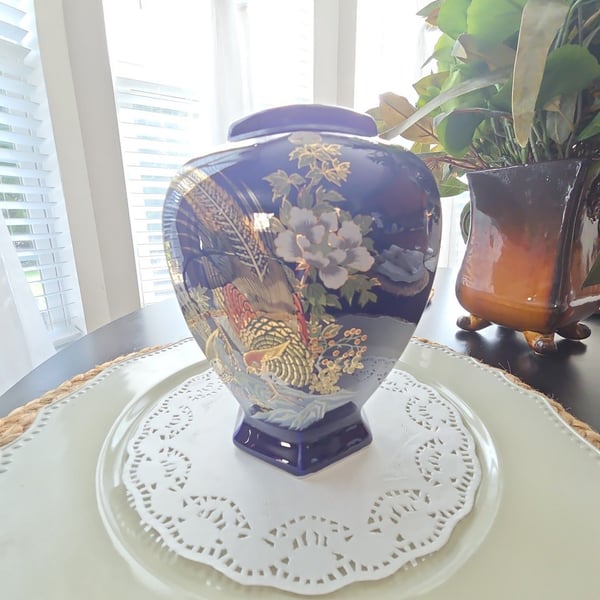 Vintage Cobalt Blue Gold Pheasant Floral Hexagon Porcelain Vase